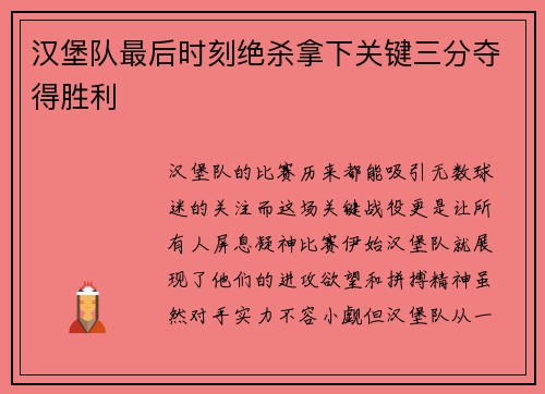 汉堡队最后时刻绝杀拿下关键三分夺得胜利